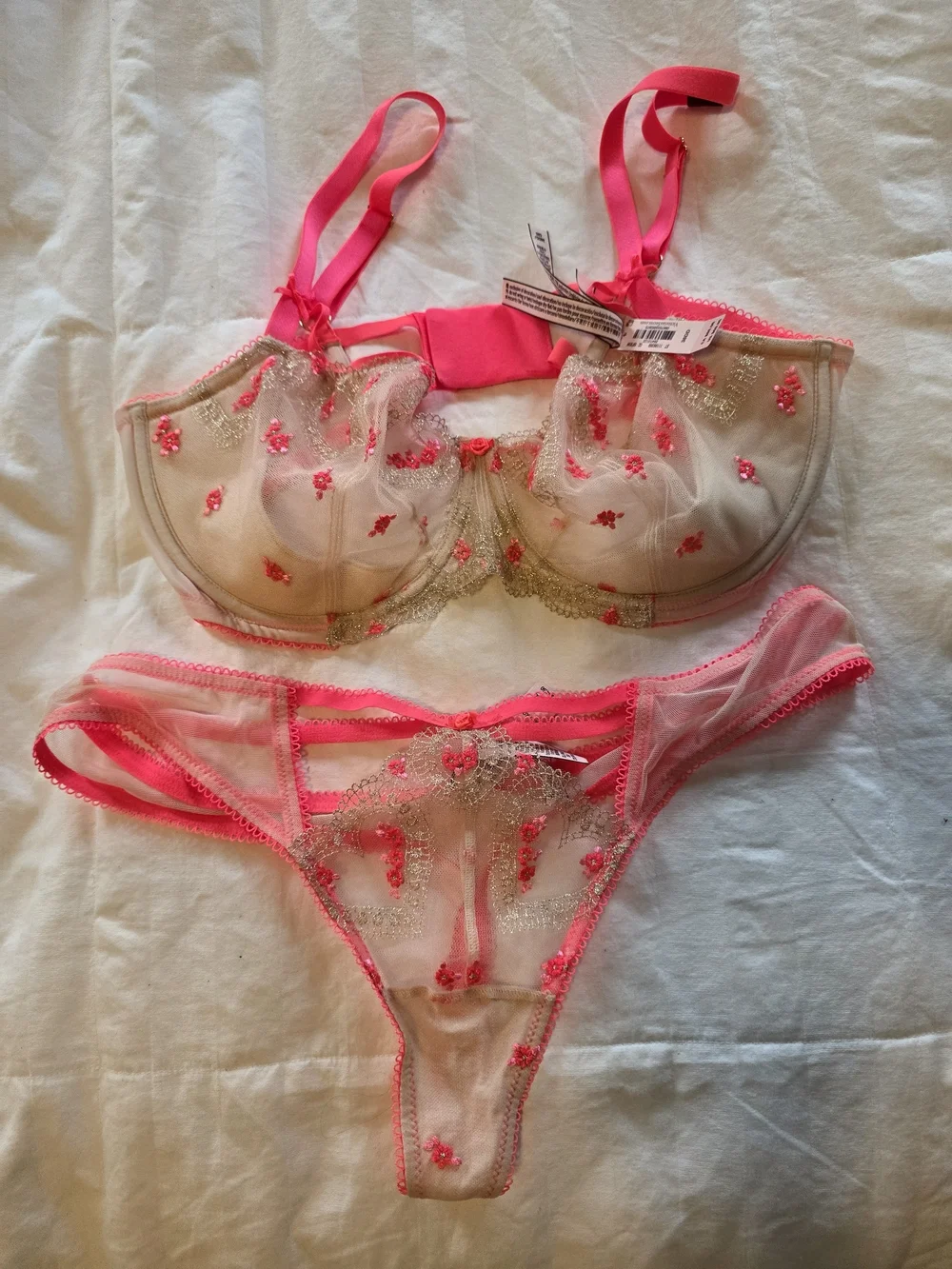Victoria's Secret Hot Pink & Gold Lace Bra and Matching Thong Set- 38DD & XL